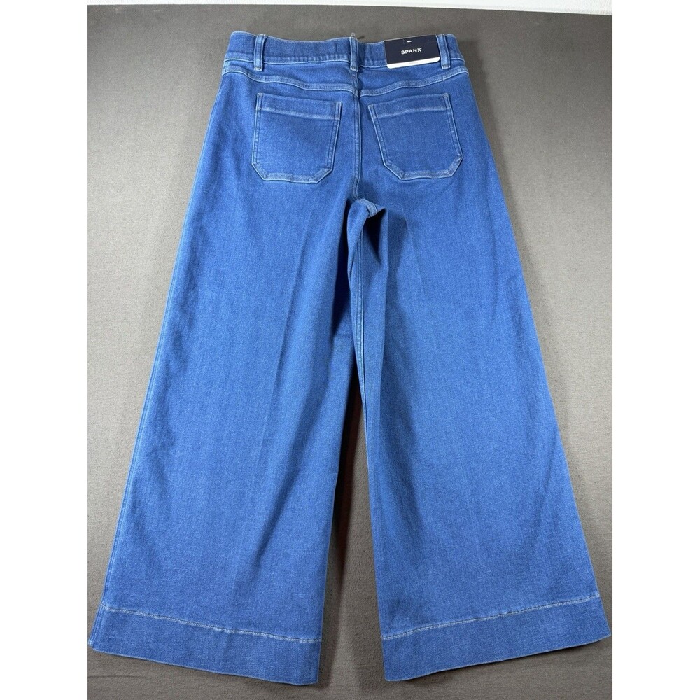 Spanx Wide Leg Jeans Women's Sz Large Blue Denim Everywear Cropped Wash Pull On - Picture 2 of 12